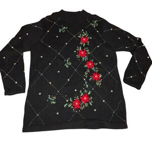 Vintage Black Holiday Poinsettia Beaded Embellished Sweater Women's Size Large